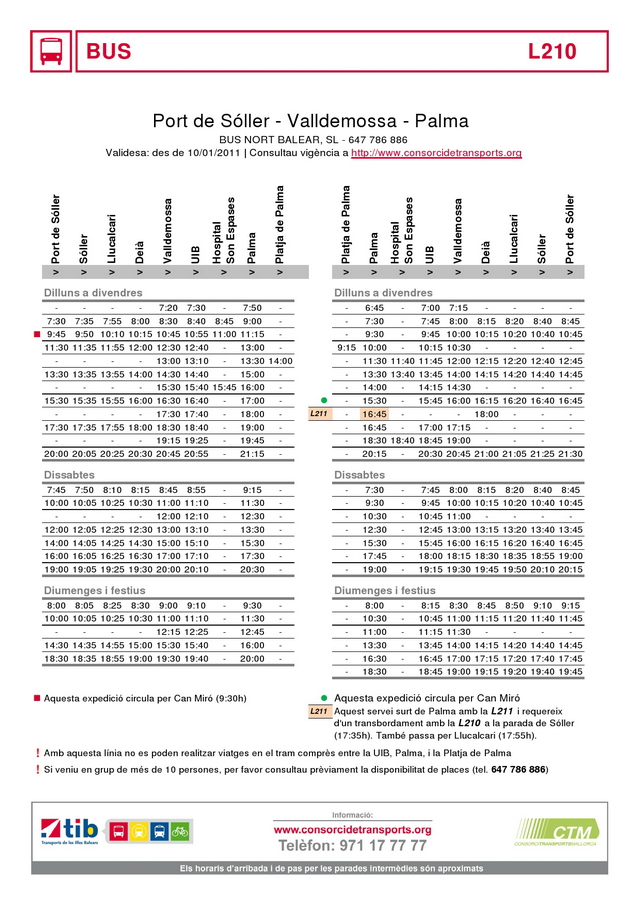 Line L210 Timetable Jan 2011
